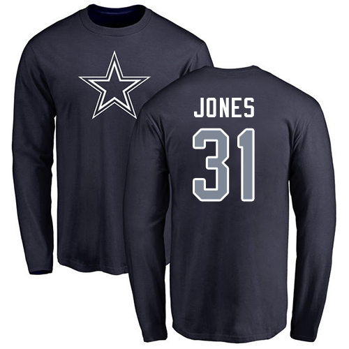 Men Dallas Cowboys Navy Blue Byron Jones Name and Number Logo #31 Long Sleeve Nike NFL T Shirt